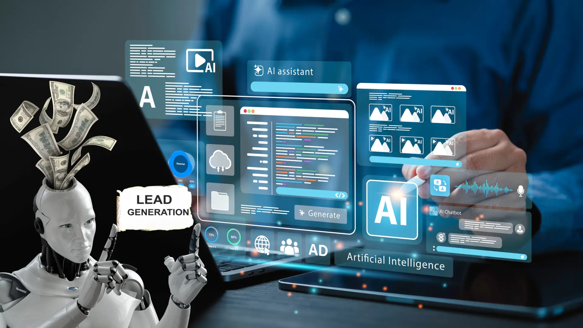 Cyborg robot using futuristic AI dashboard interfaces, illustrating effective AI finance lead generation resulting in profit, symbolized by money emerging from its head.