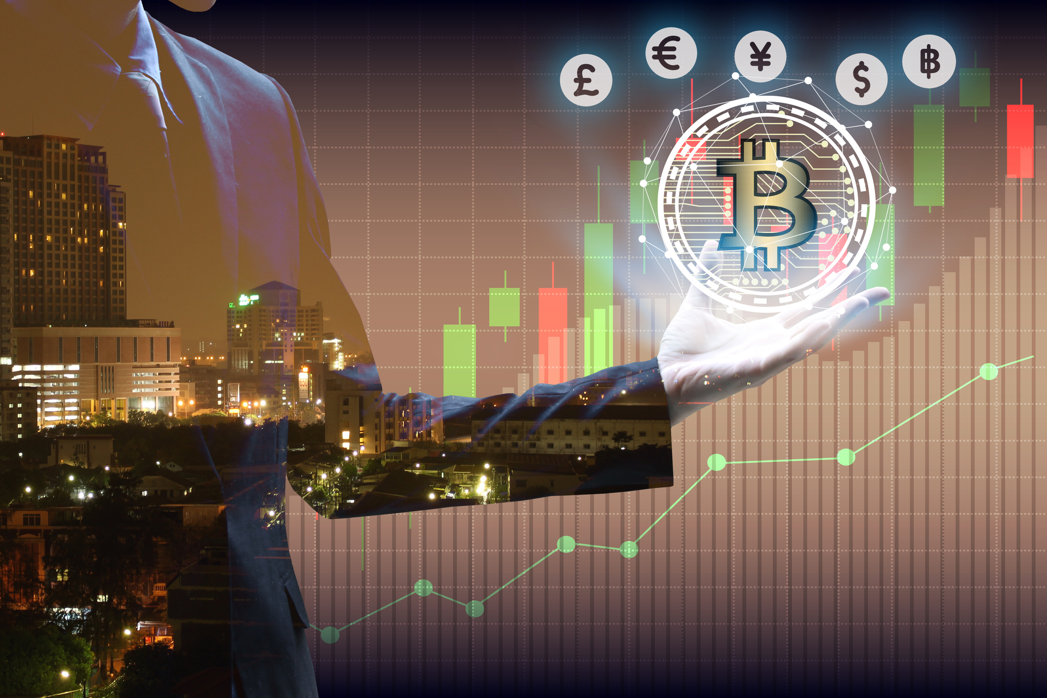 Business executive holding digital Bitcoin symbol with global currency icons and financial charts overlay, representing smart crypto investment strategies