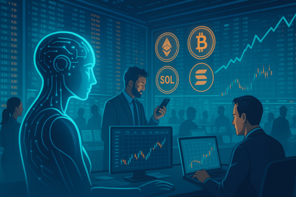 AI + Crypto trading scene showing an AI assistant helping people analyze real-time markets for Ethereum, Solana, and other cryptocurrencies in a digital stock exchange environment