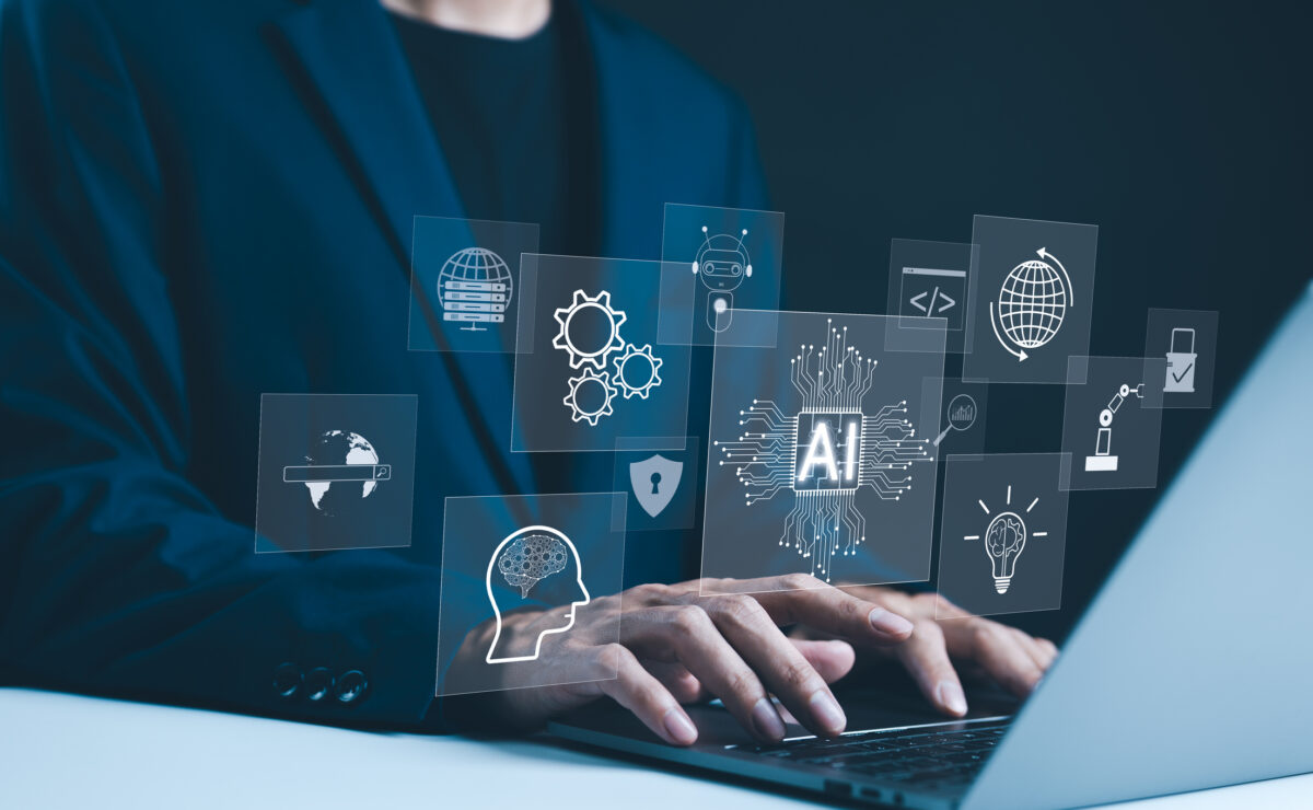 Transforming Health and Wealth with AI: Evolve or Be Left Behind 1 Hands typing on a laptop with floating AI and biometric health icons, symbolizing tools that transform health and wealth with AI.