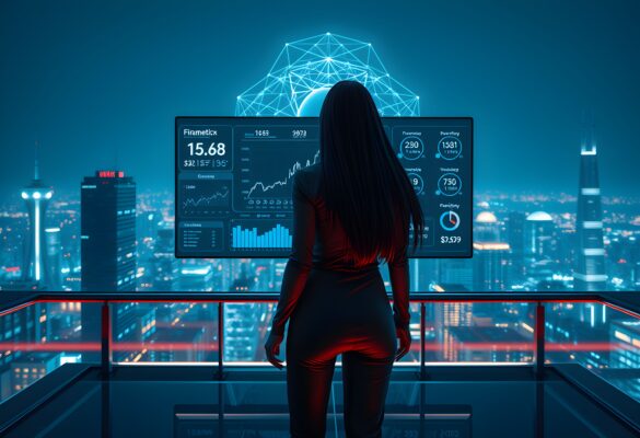 Back view of a woman in futuristic techwear overlooking a digital city skyline, with financial and health data visualizations, symbolizing how AI transforms health and wealth.