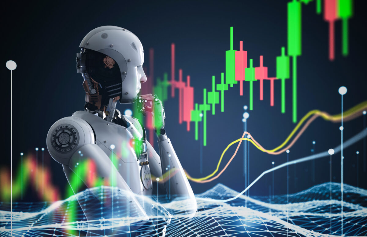 AI robot analyzing financial charts, representing the psychological audit step in the AI investing playbook for rewiring wealth mindset