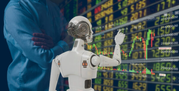 AI investing playbook robot automating stock trades on digital trading screen, symbolizing Bitcoin, ETFs, and smart wealth compounding
