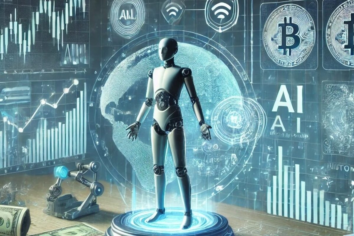 AI-powered financial assistant optimizing investments and savings with a futuristic high-tech dashboard featuring stock analytics and market trends